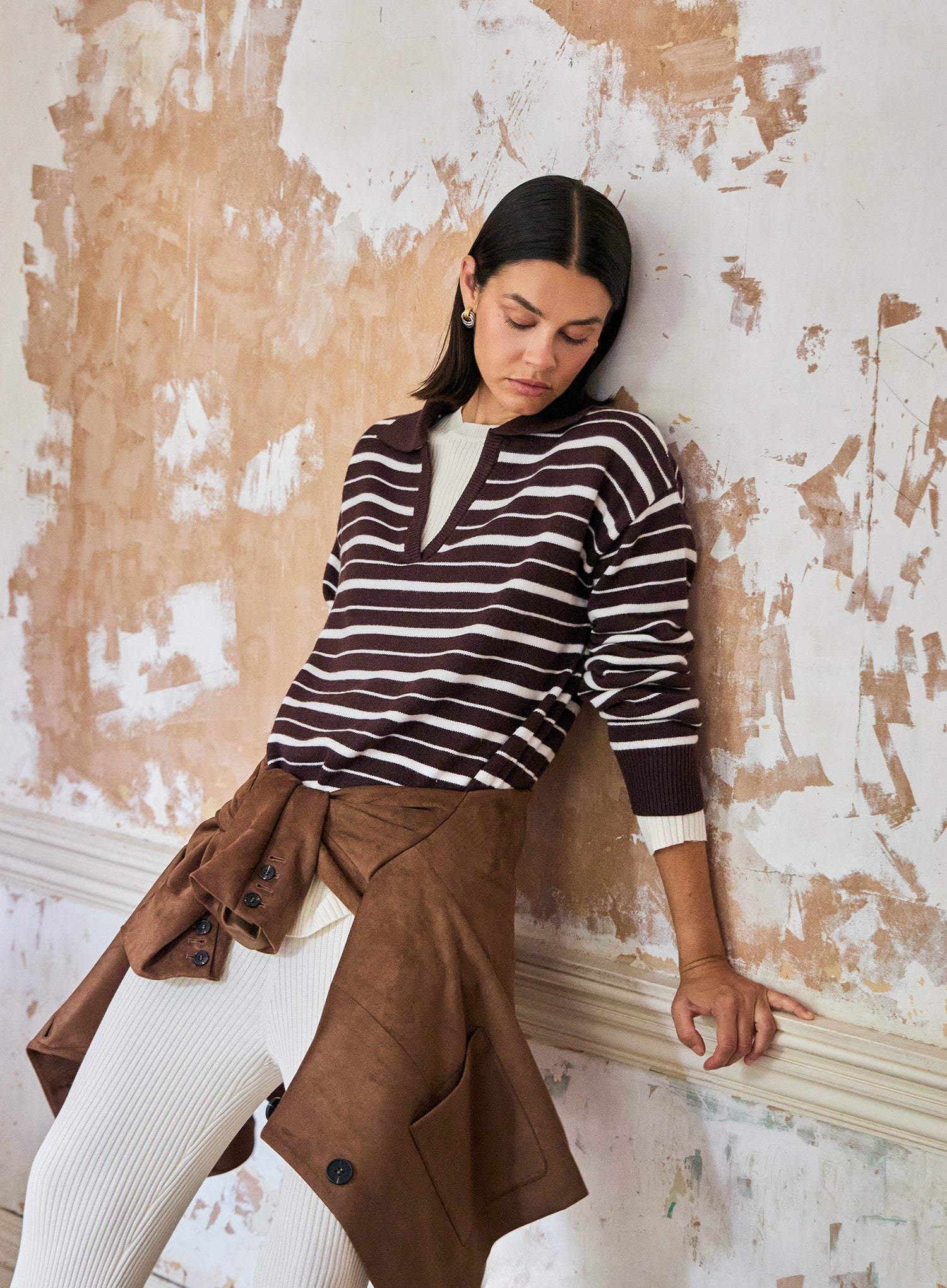 Brown And White Stripe Knitted Rugby Top